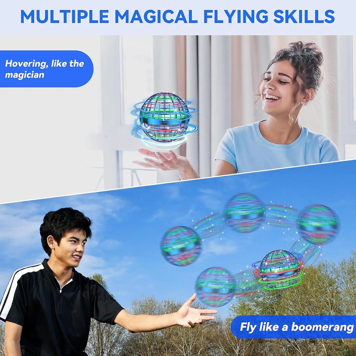 Flying Orb Toy β Cosmic Boomerang Hover Ball with LED Lights | Indoor & Outdoor Spinner Drone for Kids 6-12 | Cool Blue & Purple Gifts