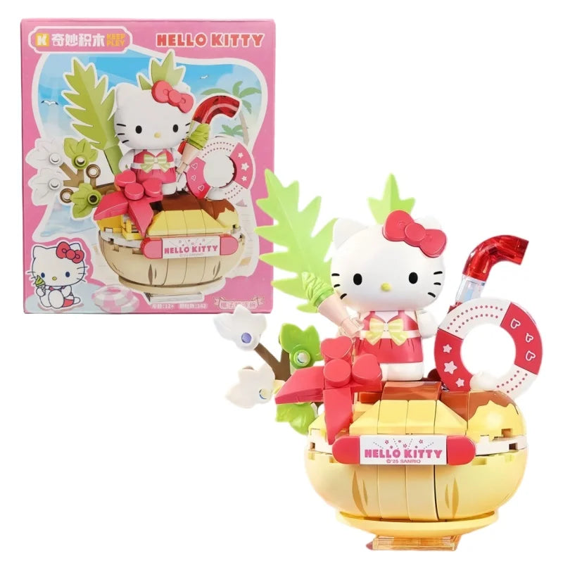 Keeppley New Sanrio Summer Party Theme Building Blocks Toys Hello Kitty My Melody Kuromi Cinnamoroll Pochacco Assembly Model Toy