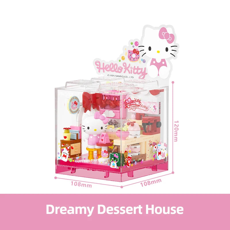 Sanrio Building Blocks Hellokitty Kuromi Bakery Dessert House Ocean Restaurant Shop Model Brick Desktop Display Adult Collection