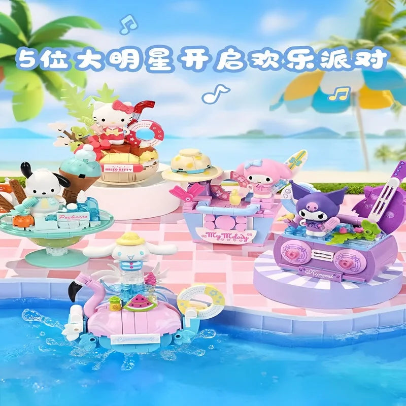 Keeppley New Sanrio Summer Party Theme Building Blocks Toys Hello Kitty My Melody Kuromi Cinnamoroll Pochacco Assembly Model Toy