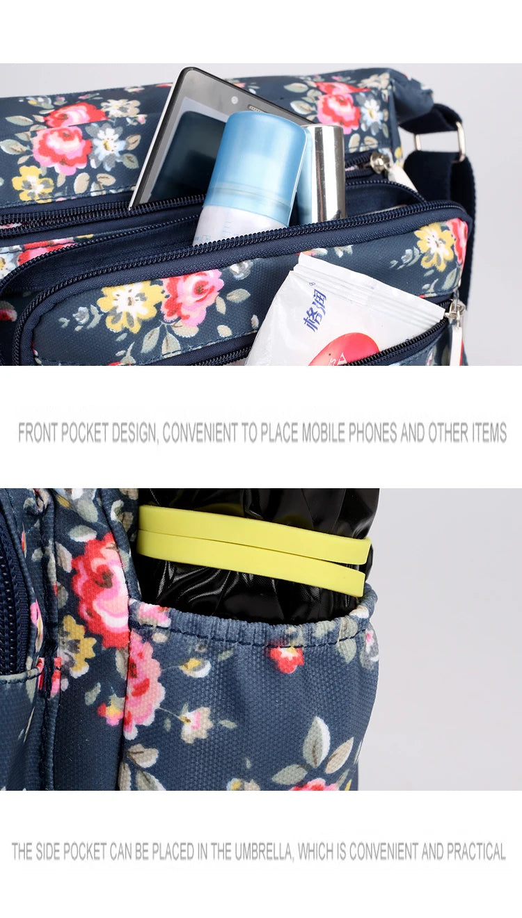 Multi-Pocket Women's Crossbody Bag Designer Floral Pattern Zipper Handbags Waterproof Nylon Casual Shoulder Bag Messenger Bag
