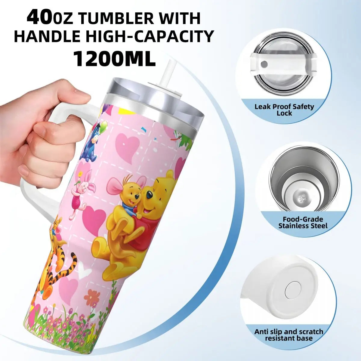Winnie the Pooh Stainless Steel Tumbler β 40oz Leak-Proof Mug with Straw & Handle (Hot & Cold Drinks | Beach & Travel Ready)