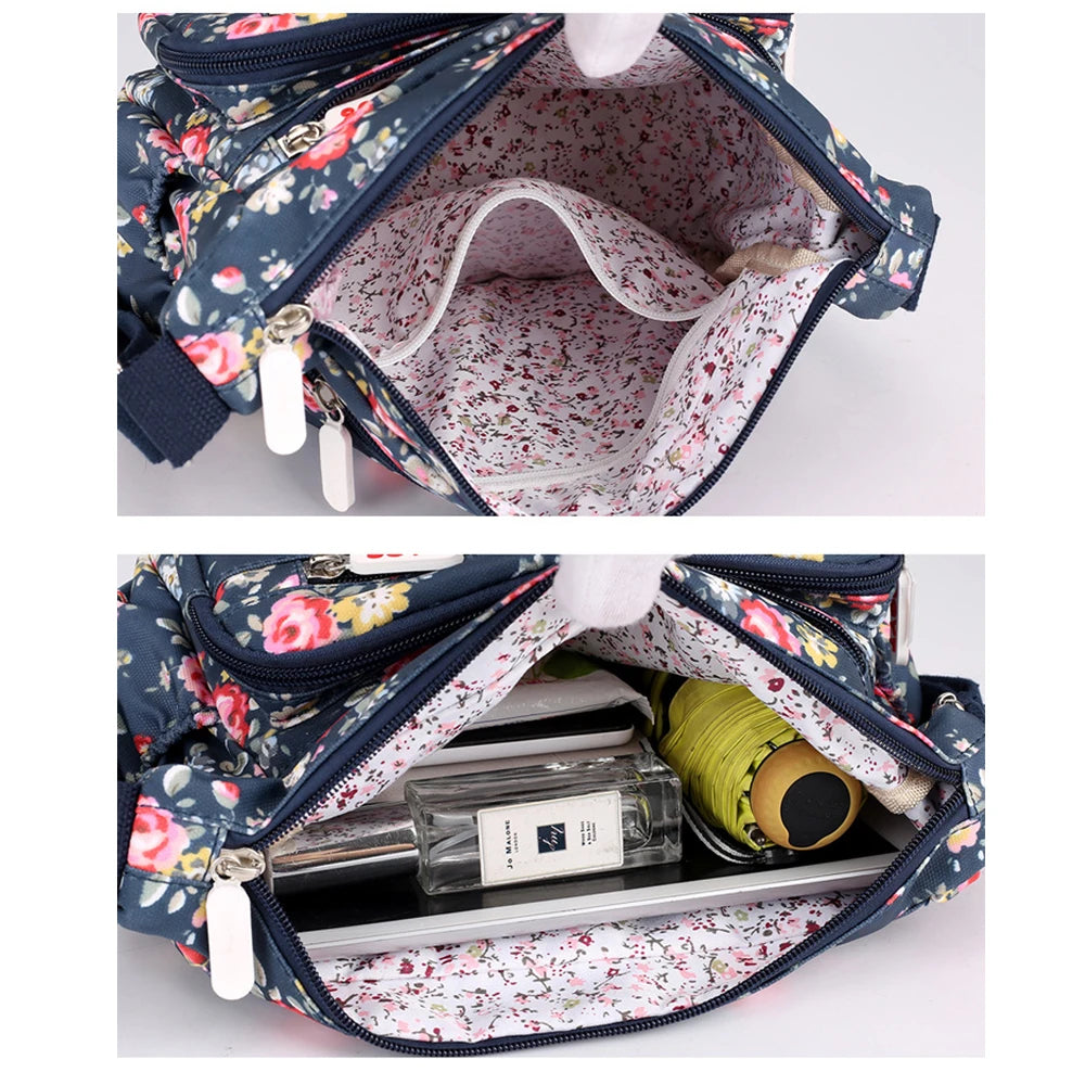 Multi-Pocket Women's Crossbody Bag Designer Floral Pattern Zipper Handbags Waterproof Nylon Casual Shoulder Bag Messenger Bag