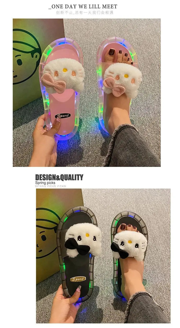 Hello Kitty Lovely Doll Kawaii MINISO Ins Fashion Luminous Slippers Female Cute Wearing Thick Soled Indoor Non-slip Shoes Gifts