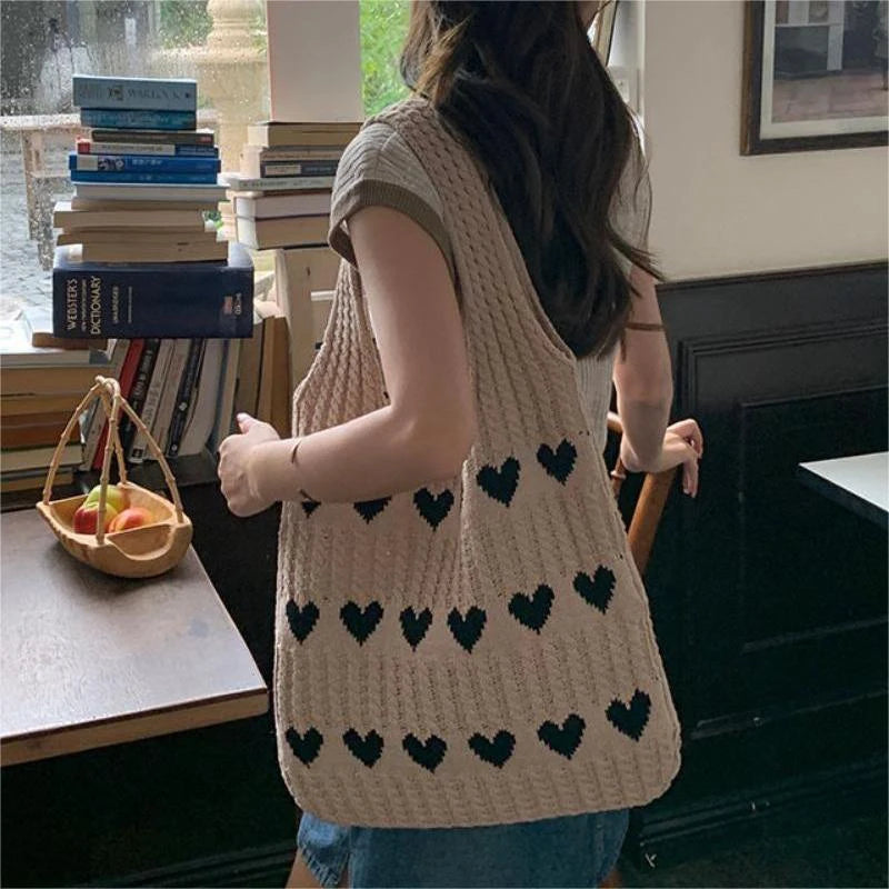 Woven Love Heart Knitted Shoulder Bag β Wool Tote for Women (Portable & Stylish | Daily Commuter & Student-Friendly)