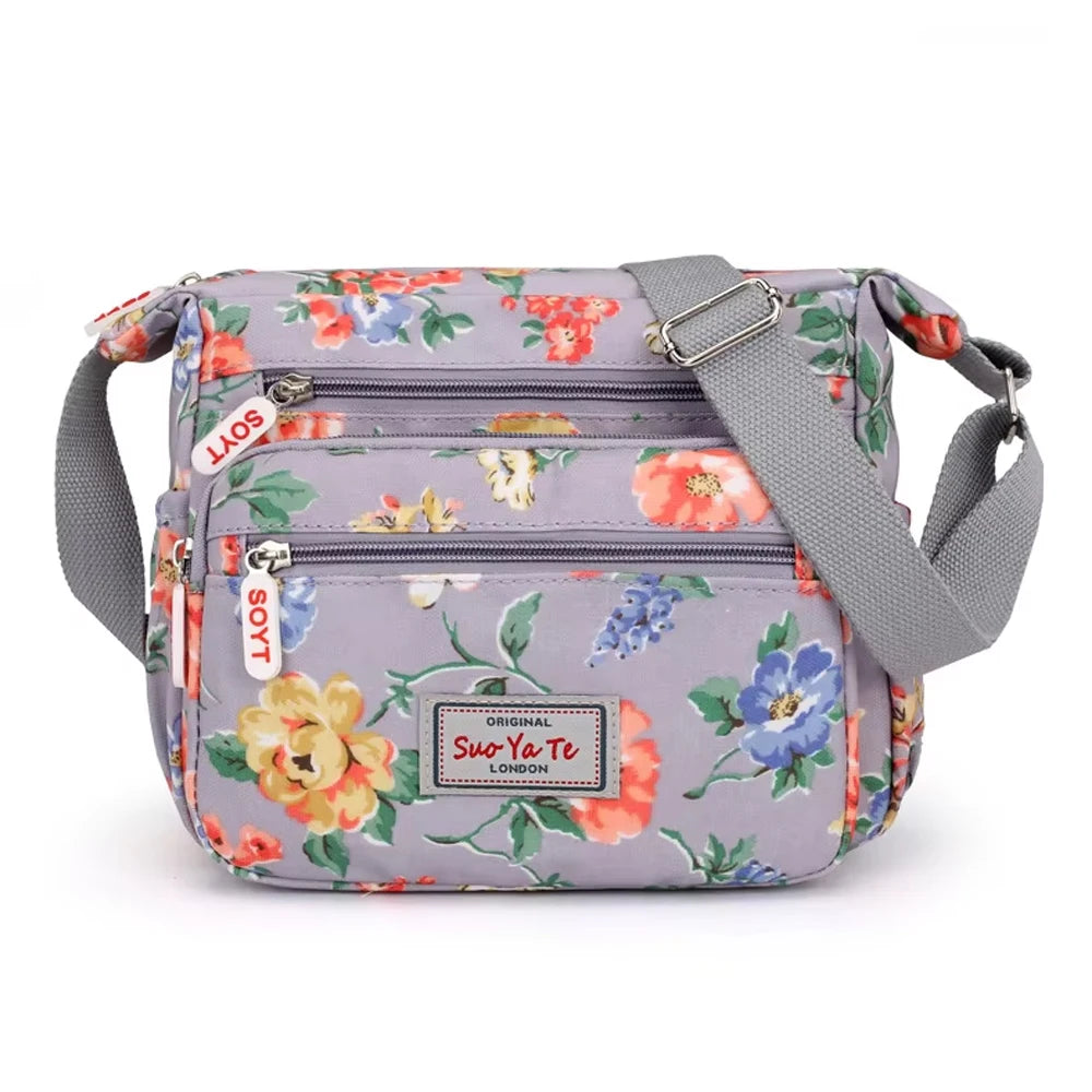 Multi-Pocket Women's Crossbody Bag Designer Floral Pattern Zipper Handbags Waterproof Nylon Casual Shoulder Bag Messenger Bag