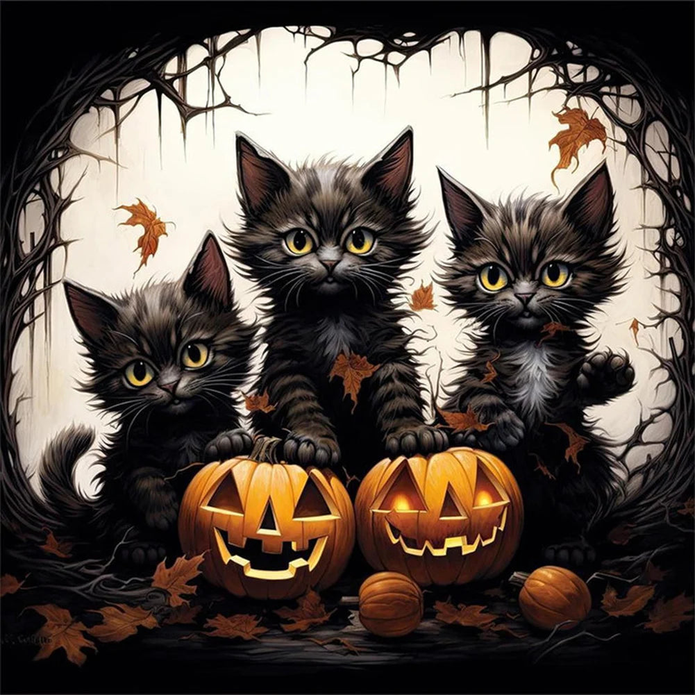 Halloween Cat & Pumpkin 5D Diamond Painting Kit – 4 Scenes, DIY Fall Home Decor