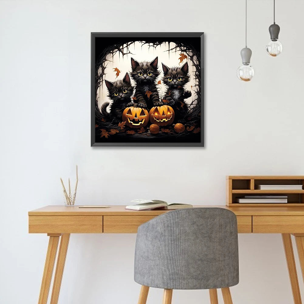 Halloween Cat & Pumpkin 5D Diamond Painting Kit – 4 Scenes, DIY Fall Home Decor
