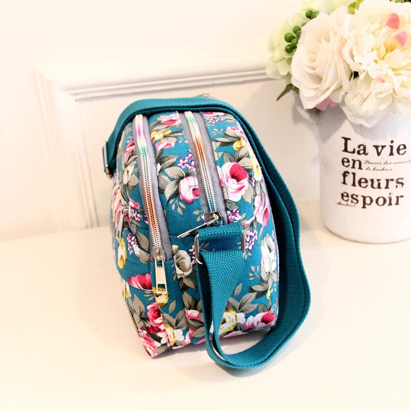 Vintage Canvas Crossbody Tote β Multi-Pocket Shoulder Bag for Women (Messenger Style | Printed & Zippered | Daily & Travel Use)
