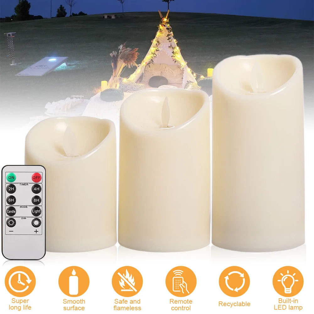 Set of 3 USB Rechargeable Flickering Pillar Candles – Paraffin Wax, Remote Controlled with Timer, Moving Wick LED Flameless Candles for Home & Party Decor