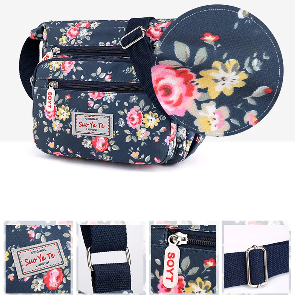 Multi-Pocket Women's Crossbody Bag Designer Floral Pattern Zipper Handbags Waterproof Nylon Casual Shoulder Bag Messenger Bag