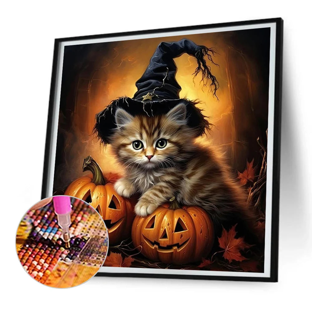 Halloween Cat & Pumpkin 5D Diamond Painting Kit – 4 Scenes, DIY Fall Home Decor