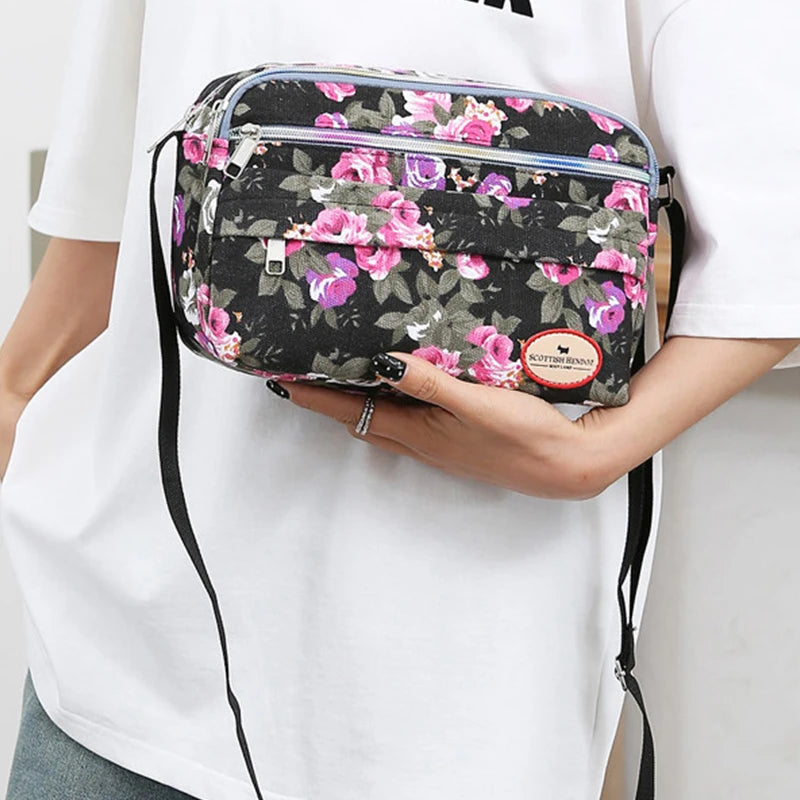 Vintage Canvas Crossbody Tote β Multi-Pocket Shoulder Bag for Women (Messenger Style | Printed & Zippered | Daily & Travel Use)