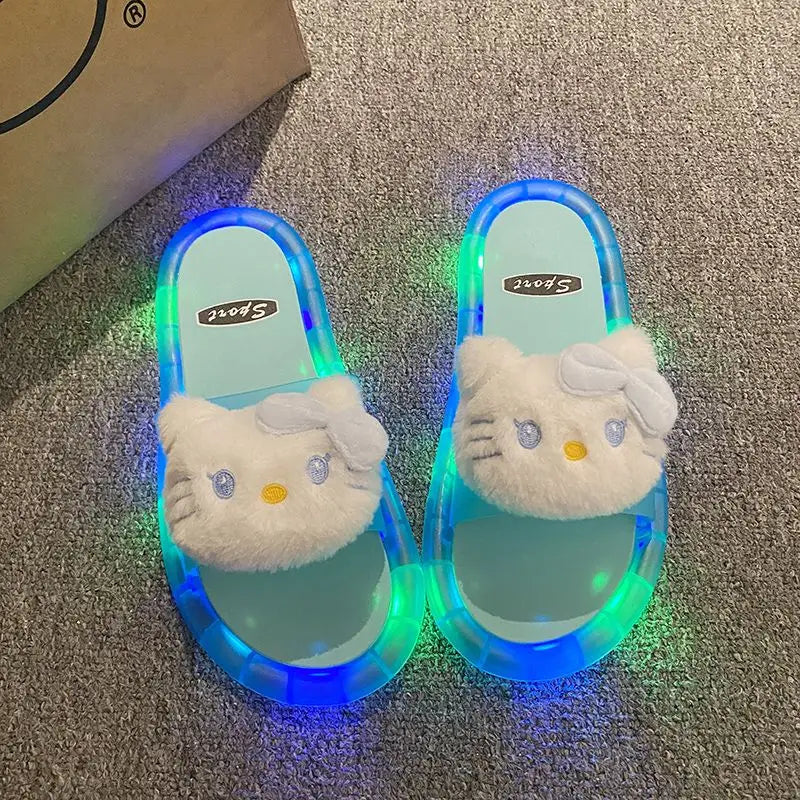 Hello Kitty Lovely Doll Kawaii MINISO Ins Fashion Luminous Slippers Female Cute Wearing Thick Soled Indoor Non-slip Shoes Gifts