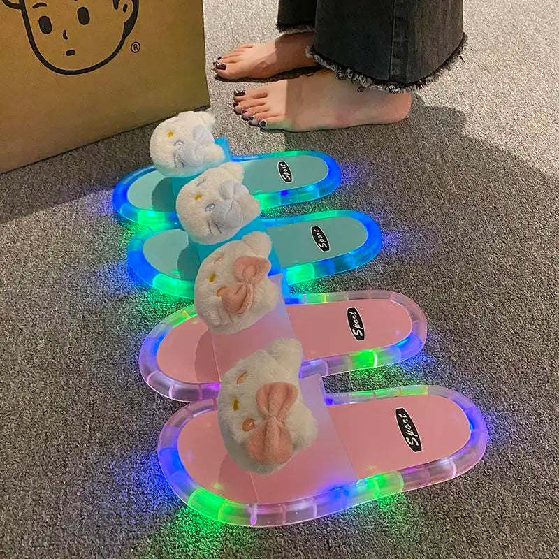 Hello Kitty Lovely Doll Kawaii MINISO Ins Fashion Luminous Slippers Female Cute Wearing Thick Soled Indoor Non-slip Shoes Gifts