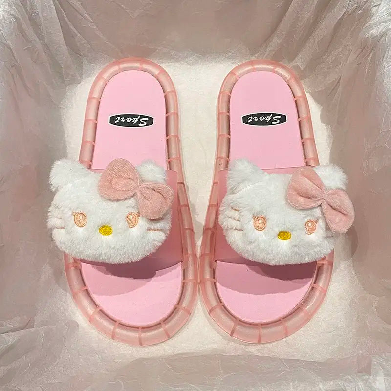 Hello Kitty Lovely Doll Kawaii MINISO Ins Fashion Luminous Slippers Female Cute Wearing Thick Soled Indoor Non-slip Shoes Gifts
