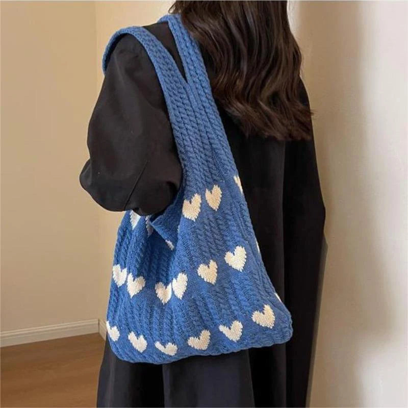 Woven Love Heart Knitted Shoulder Bag β Wool Tote for Women (Portable & Stylish | Daily Commuter & Student-Friendly)