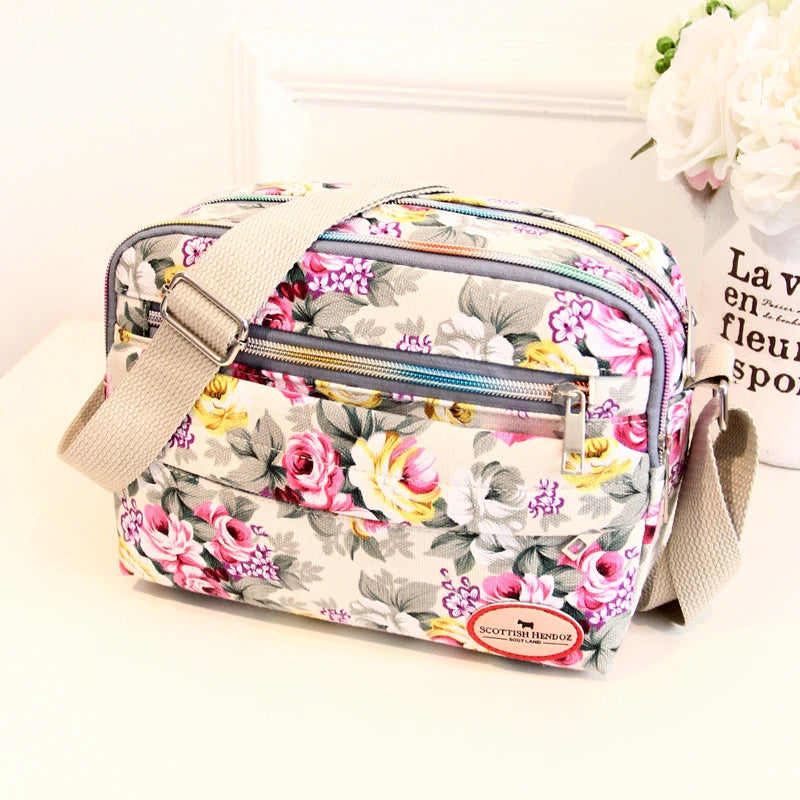 Vintage Canvas Crossbody Tote β Multi-Pocket Shoulder Bag for Women (Messenger Style | Printed & Zippered | Daily & Travel Use)
