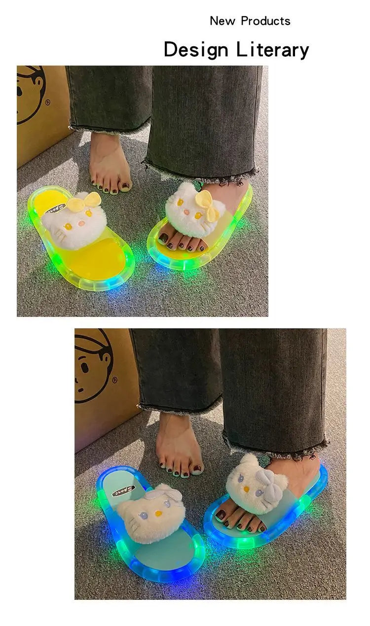 Hello Kitty Lovely Doll Kawaii MINISO Ins Fashion Luminous Slippers Female Cute Wearing Thick Soled Indoor Non-slip Shoes Gifts