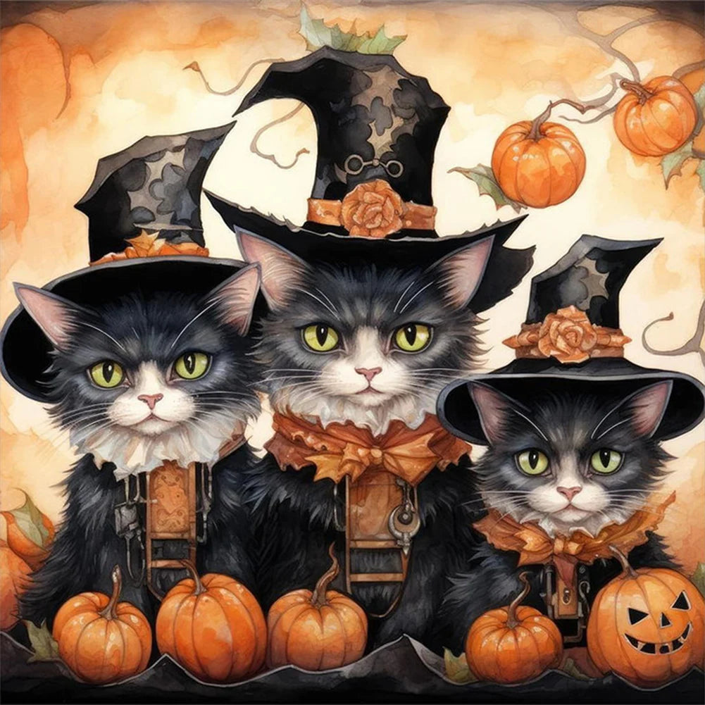 Halloween Cat & Pumpkin 5D Diamond Painting Kit – 4 Scenes, DIY Fall Home Decor