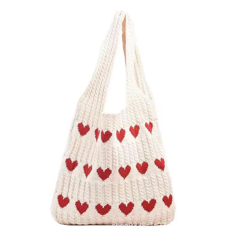 Woven Love Heart Knitted Shoulder Bag β Wool Tote for Women (Portable & Stylish | Daily Commuter & Student-Friendly)
