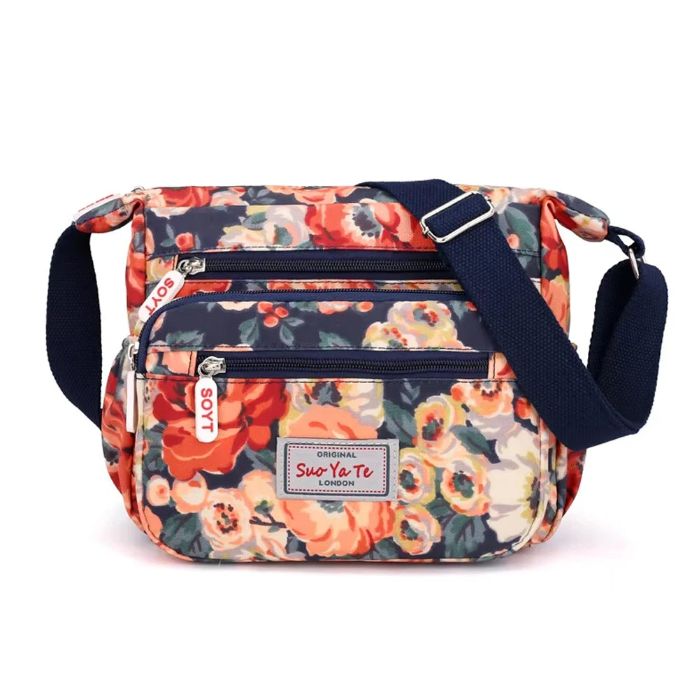 Multi-Pocket Women's Crossbody Bag Designer Floral Pattern Zipper Handbags Waterproof Nylon Casual Shoulder Bag Messenger Bag