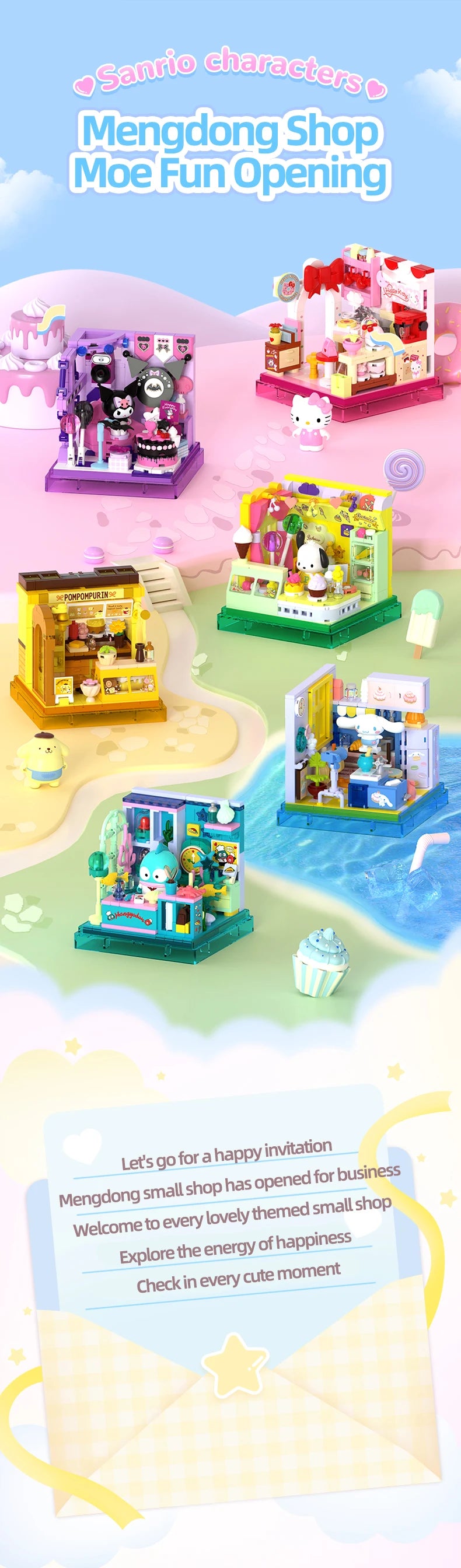 Sanrio Building Blocks Hellokitty Kuromi Bakery Dessert House Ocean Restaurant Shop Model Brick Desktop Display Adult Collection