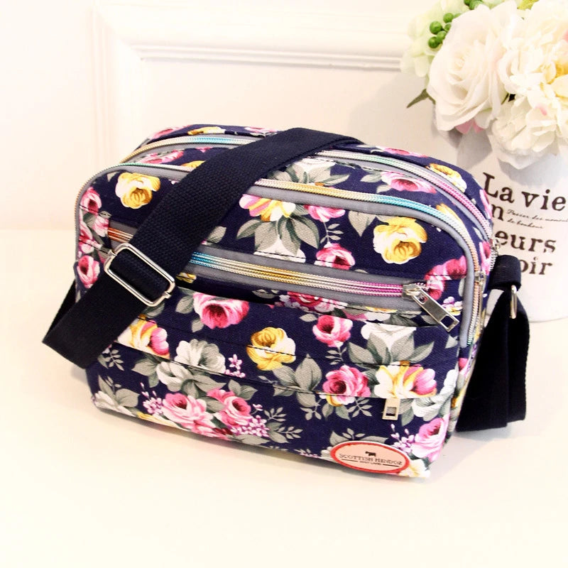 Vintage Canvas Crossbody Tote β Multi-Pocket Shoulder Bag for Women (Messenger Style | Printed & Zippered | Daily & Travel Use)