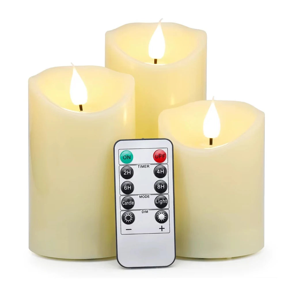 Set of 3 USB Rechargeable Flickering Pillar Candles – Paraffin Wax, Remote Controlled with Timer, Moving Wick LED Flameless Candles for Home & Party Decor