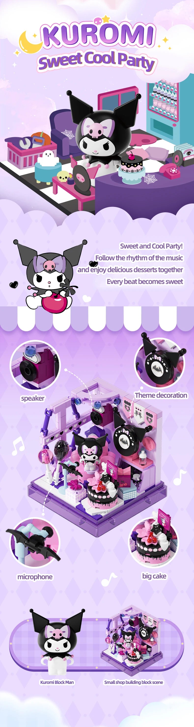 Sanrio Building Blocks Hellokitty Kuromi Bakery Dessert House Ocean Restaurant Shop Model Brick Desktop Display Adult Collection