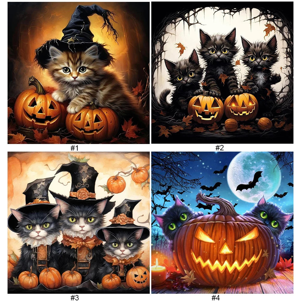 Halloween Cat & Pumpkin 5D Diamond Painting Kit – 4 Scenes, DIY Fall Home Decor