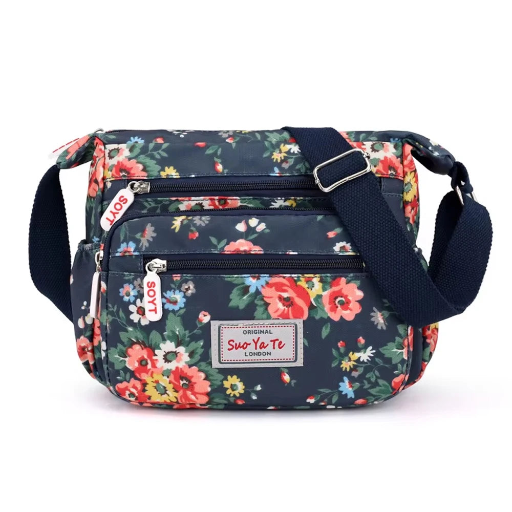 Multi-Pocket Women's Crossbody Bag Designer Floral Pattern Zipper Handbags Waterproof Nylon Casual Shoulder Bag Messenger Bag