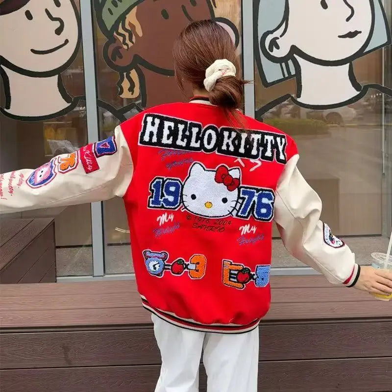 Hello Kitty Baseball Jacket Coat Hoodie Men Women Print Sport Baseball Uniforms Motorcycles Warm Coats Cardigan Tops Clothes Top