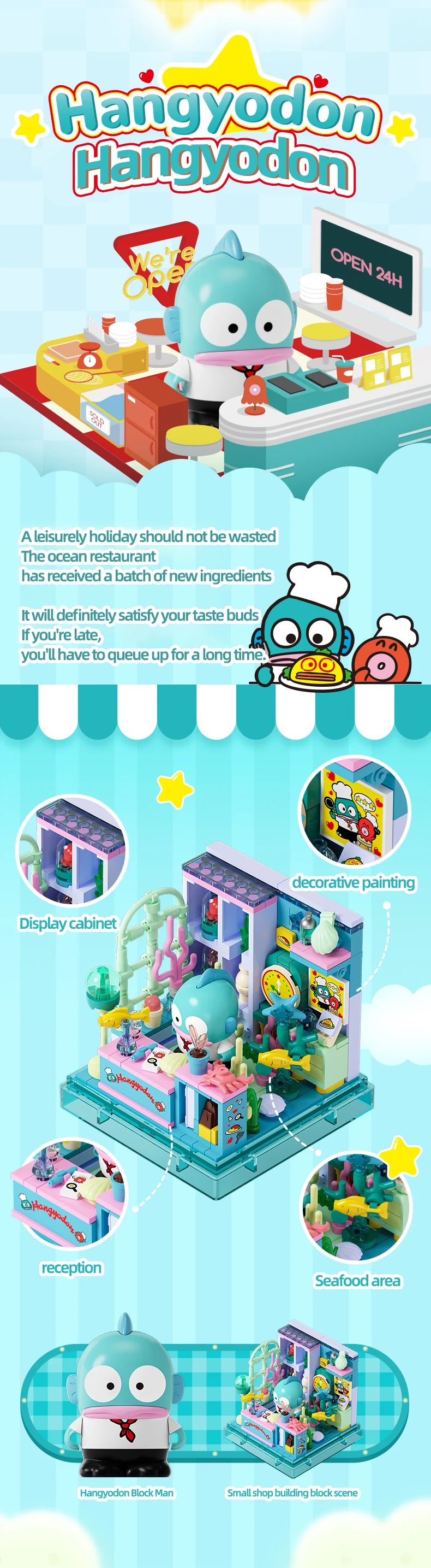 Sanrio Building Blocks Hellokitty Kuromi Bakery Dessert House Ocean Restaurant Shop Model Brick Desktop Display Adult Collection