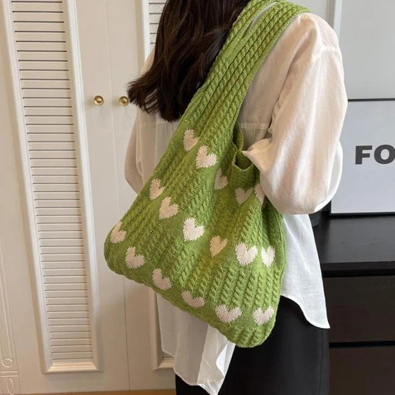Woven Love Heart Knitted Shoulder Bag β Wool Tote for Women (Portable & Stylish | Daily Commuter & Student-Friendly)