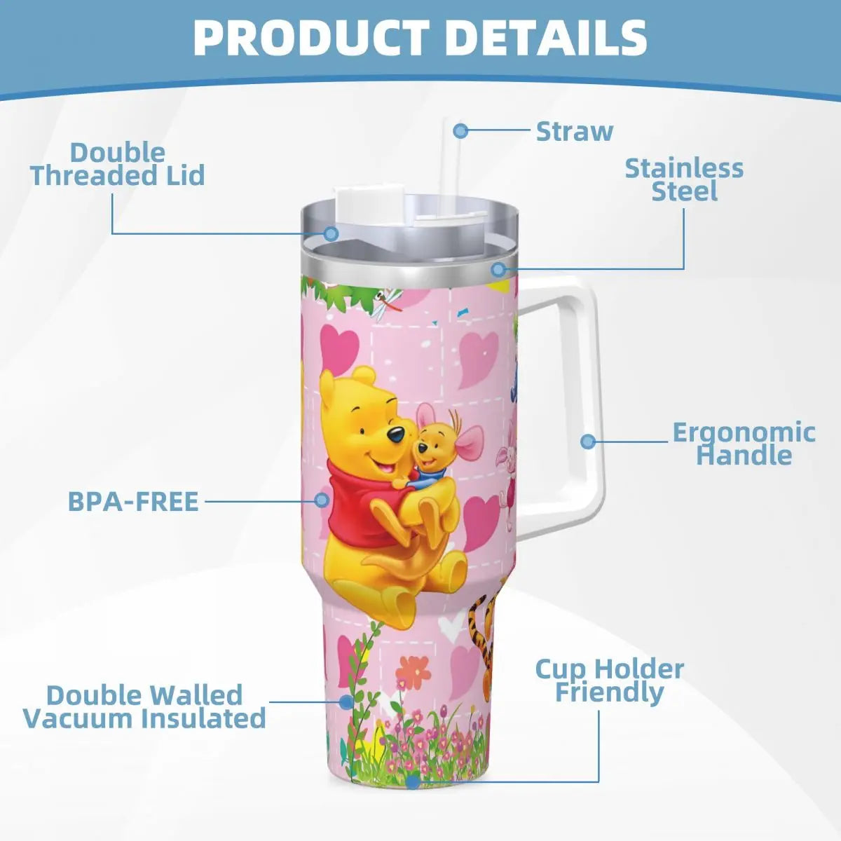 Winnie the Pooh Stainless Steel Tumbler β 40oz Leak-Proof Mug with Straw & Handle (Hot & Cold Drinks | Beach & Travel Ready)