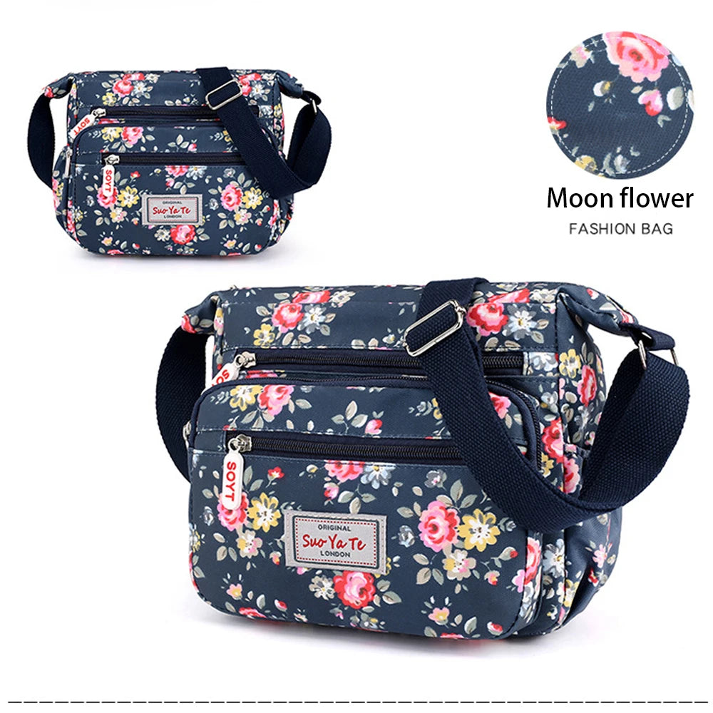 Multi-Pocket Women's Crossbody Bag Designer Floral Pattern Zipper Handbags Waterproof Nylon Casual Shoulder Bag Messenger Bag