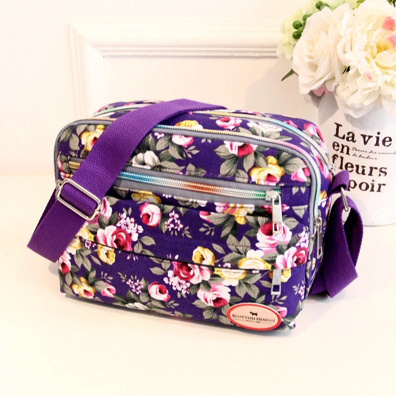 Vintage Canvas Crossbody Tote β Multi-Pocket Shoulder Bag for Women (Messenger Style | Printed & Zippered | Daily & Travel Use)