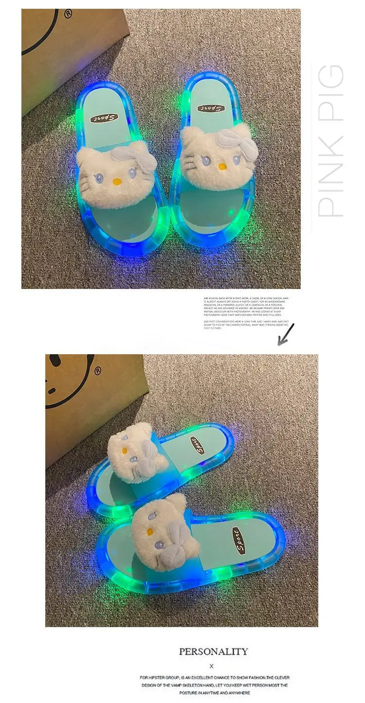 Hello Kitty Lovely Doll Kawaii MINISO Ins Fashion Luminous Slippers Female Cute Wearing Thick Soled Indoor Non-slip Shoes Gifts