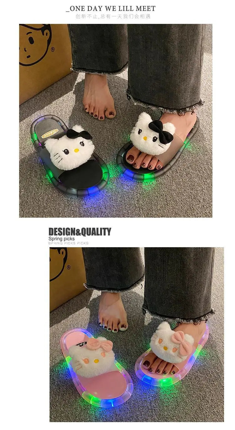 Hello Kitty Lovely Doll Kawaii MINISO Ins Fashion Luminous Slippers Female Cute Wearing Thick Soled Indoor Non-slip Shoes Gifts
