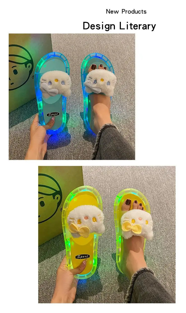 Hello Kitty Lovely Doll Kawaii MINISO Ins Fashion Luminous Slippers Female Cute Wearing Thick Soled Indoor Non-slip Shoes Gifts