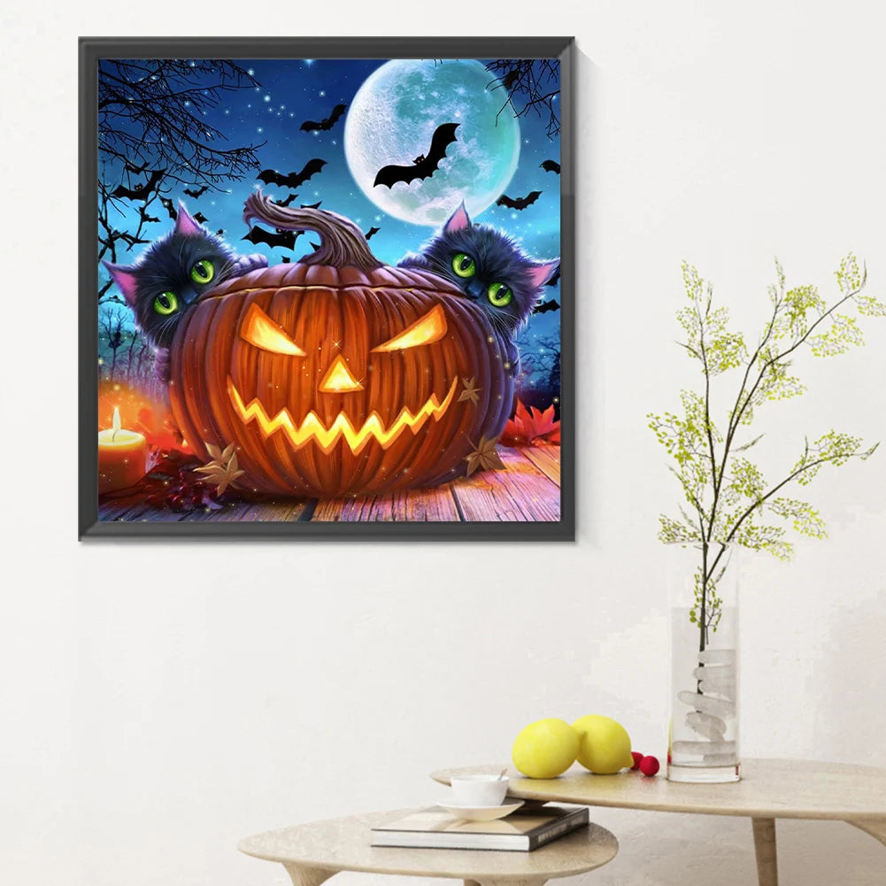Halloween Cat & Pumpkin 5D Diamond Painting Kit – 4 Scenes, DIY Fall Home Decor
