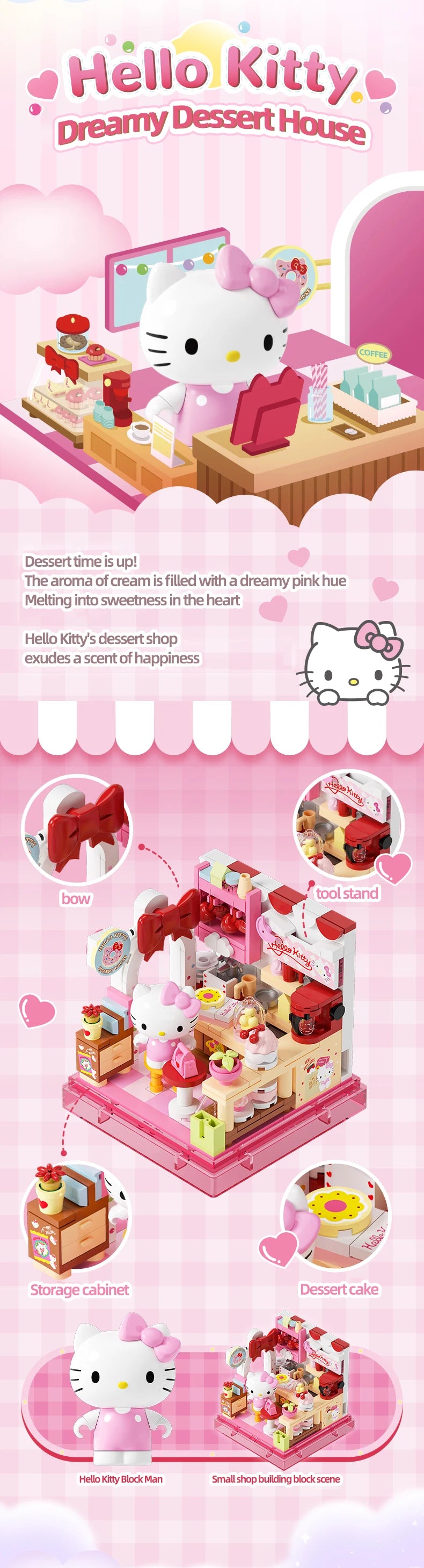 Sanrio Building Blocks Hellokitty Kuromi Bakery Dessert House Ocean Restaurant Shop Model Brick Desktop Display Adult Collection
