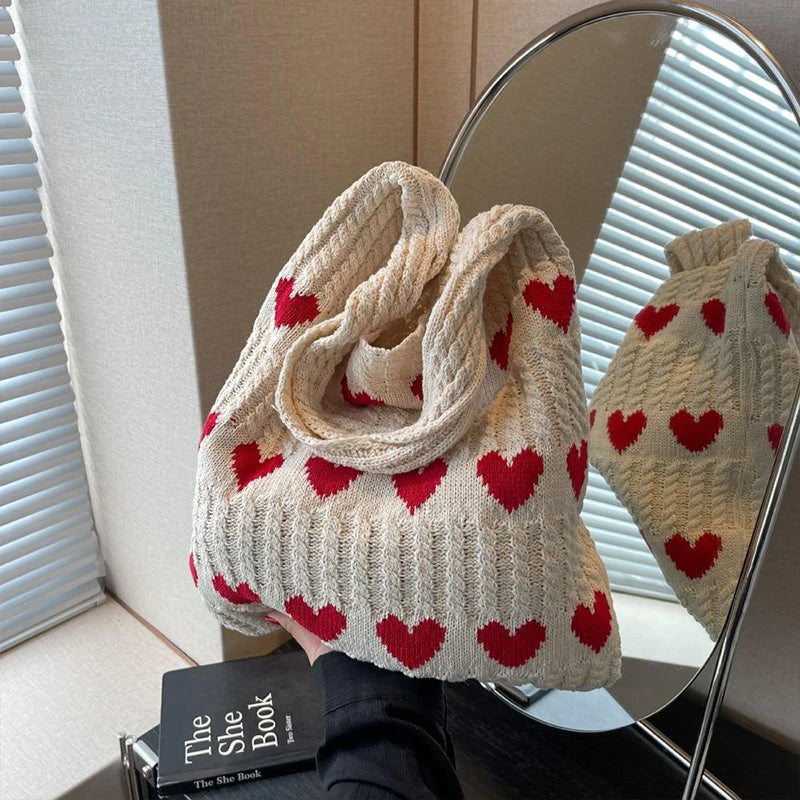 Woven Love Heart Knitted Shoulder Bag β Wool Tote for Women (Portable & Stylish | Daily Commuter & Student-Friendly)
