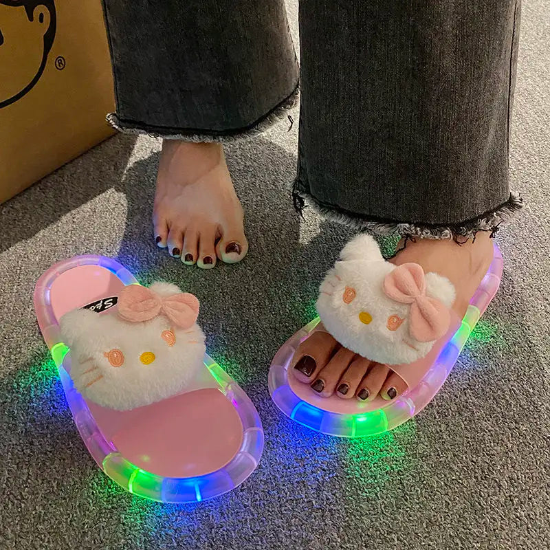 Hello Kitty Lovely Doll Kawaii MINISO Ins Fashion Luminous Slippers Female Cute Wearing Thick Soled Indoor Non-slip Shoes Gifts