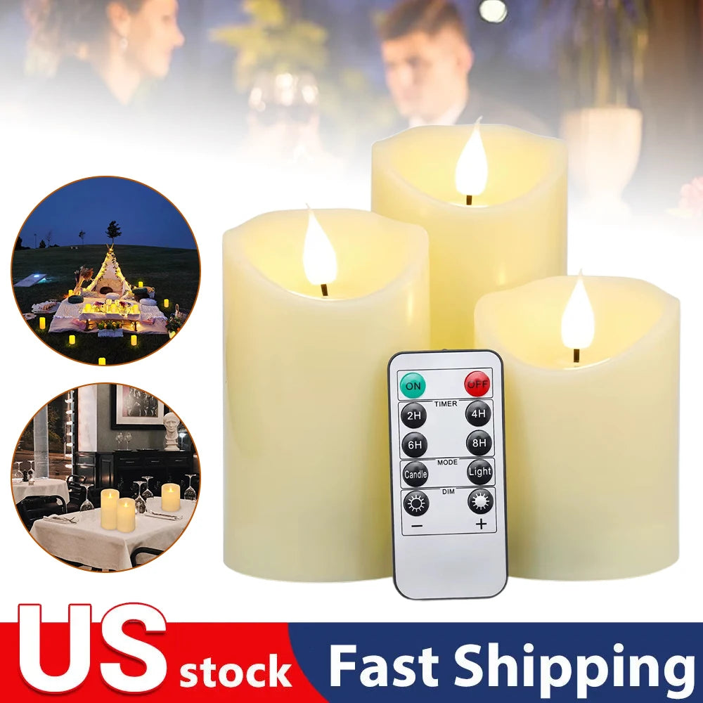 Set of 3 USB Rechargeable Flickering Pillar Candles – Paraffin Wax, Remote Controlled with Timer, Moving Wick LED Flameless Candles for Home & Party Decor