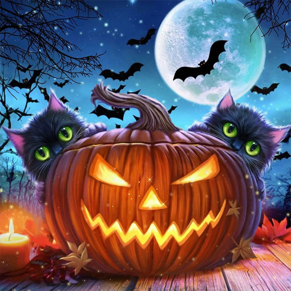 Halloween Cat & Pumpkin 5D Diamond Painting Kit – 4 Scenes, DIY Fall Home Decor