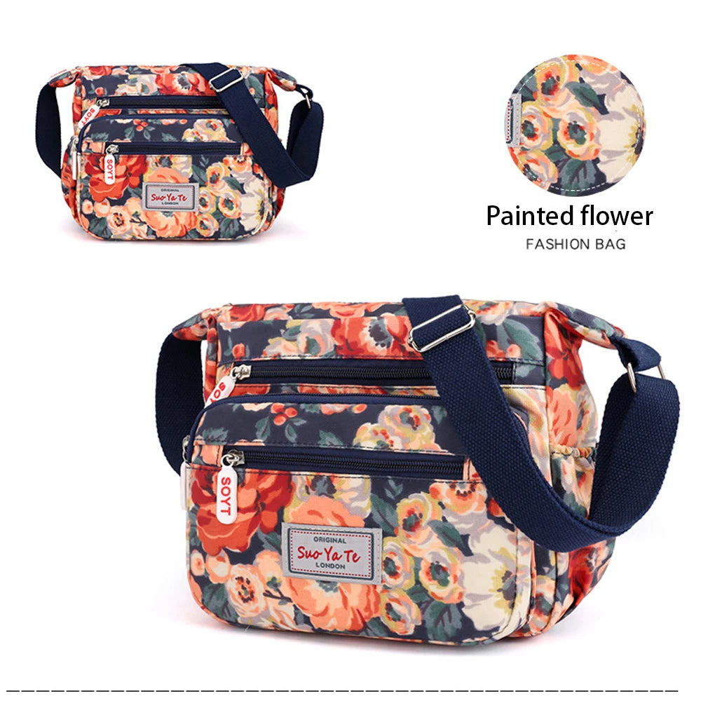 Multi-Pocket Women's Crossbody Bag Designer Floral Pattern Zipper Handbags Waterproof Nylon Casual Shoulder Bag Messenger Bag