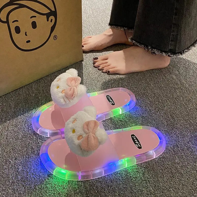 Hello Kitty Lovely Doll Kawaii MINISO Ins Fashion Luminous Slippers Female Cute Wearing Thick Soled Indoor Non-slip Shoes Gifts