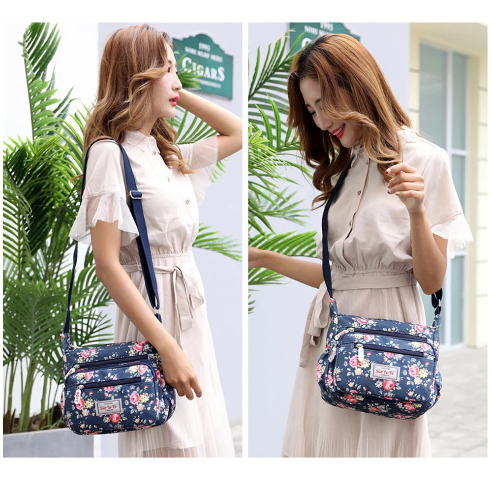 Multi-Pocket Women's Crossbody Bag Designer Floral Pattern Zipper Handbags Waterproof Nylon Casual Shoulder Bag Messenger Bag